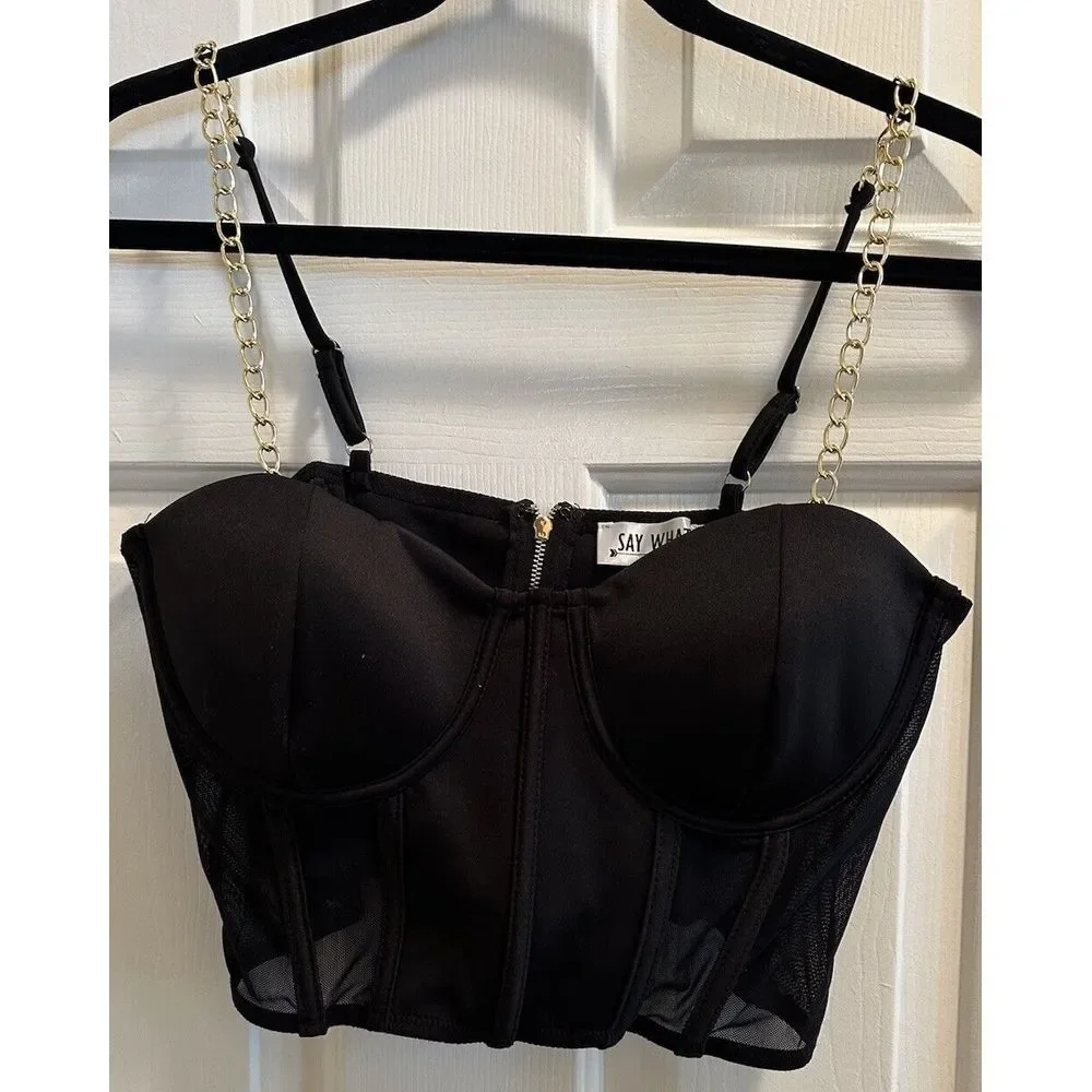 Say What Black Sheer Bustier  Corset Top‎ W/chain Straps Womens Medium